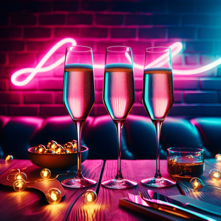 Two glasses of champagne on a table in a nightclub with lights.の素材