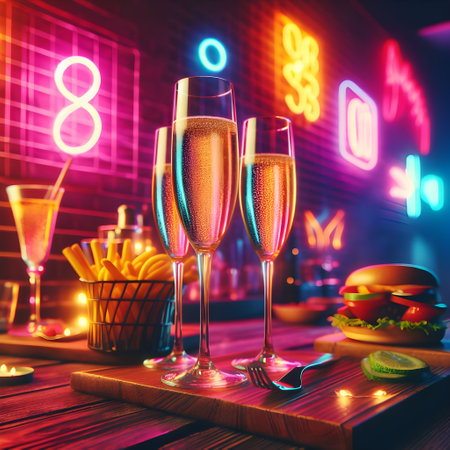 Two glasses of champagne on the background of a nightclub with neon lights.の素材