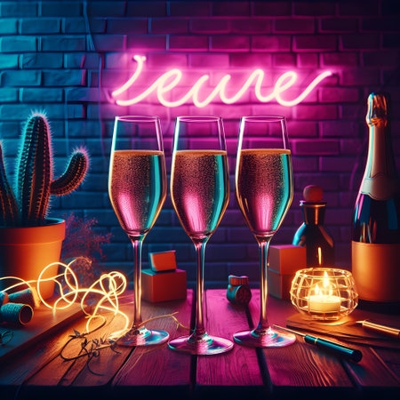 Glasses of champagne on brick wall background. New Year celebration.の素材