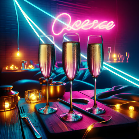 Two glasses of champagne on the table in a nightclub with neon lights.の素材