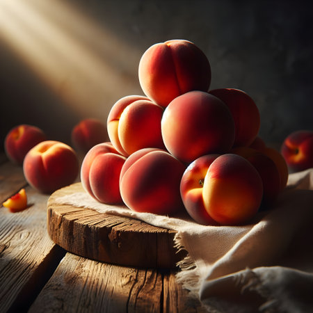Fresh peaches on a wooden table. Vintage style toned pictureの素材