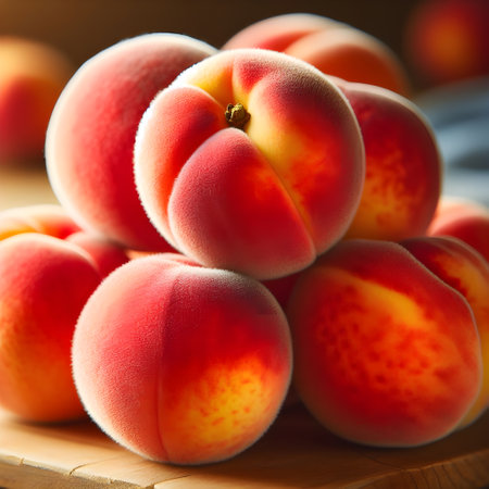 Fresh peaches on wooden table. Shallow depth of field.の素材