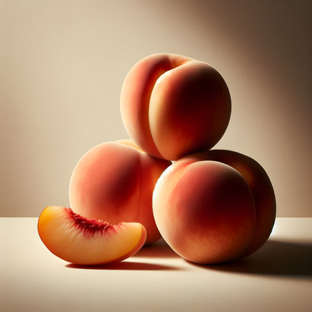 Peach fruit on a light background, still life, 3d renderの素材