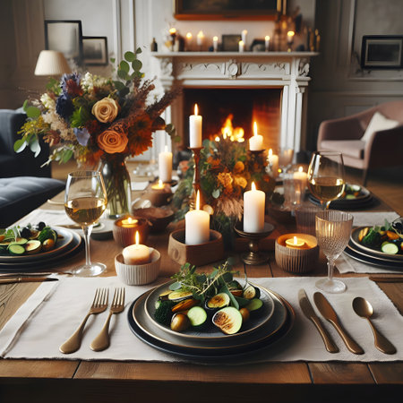 Festive table setting with flowers, candles and cutlery.の素材