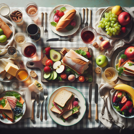 Healthy breakfast table with sandwiches, fruit and wine, top viewの素材