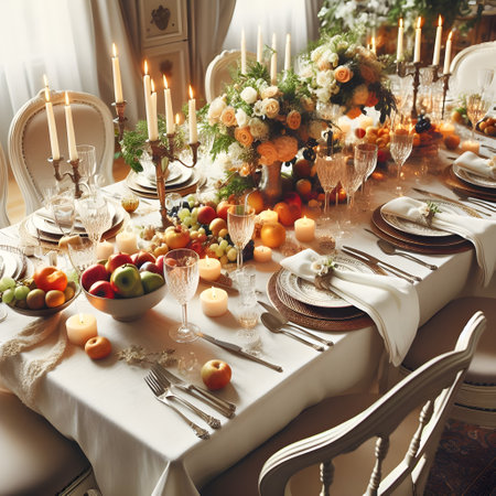 Festive table setting with fresh fruits and candles. Vintage style.の素材