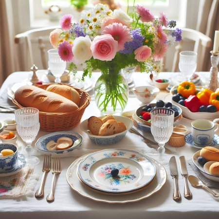 Beautiful Easter table setting with flowers, eggs and croissantsの素材