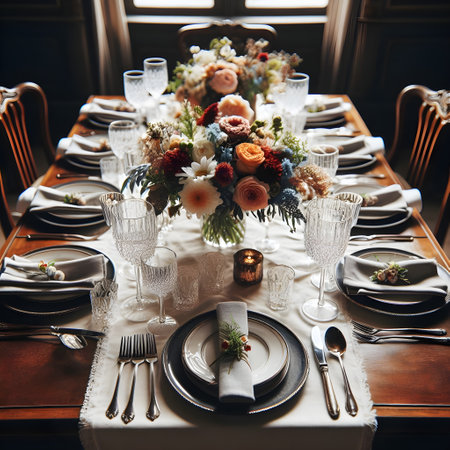 Beautiful table setting with flowers and cutlery in vintage styleの素材