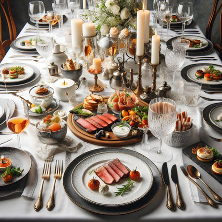 Festive table setting for wedding or another catered event dinner.の素材