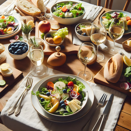 Healthy greek salad on wooden table. Healthy food background.の素材