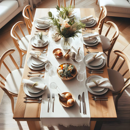 Table setting with cutlery and crockery, top viewの素材