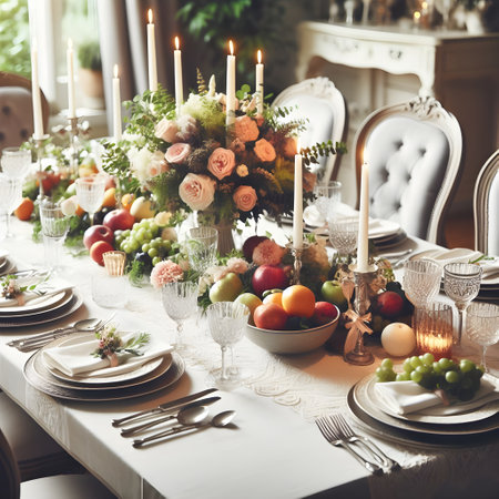 Festive Table Decorated with Fresh Fruits and Vegetablesの素材