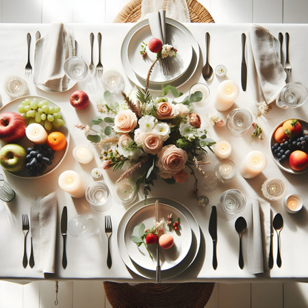 Table setting with flowers and cutlery on white wooden table, top viewの素材