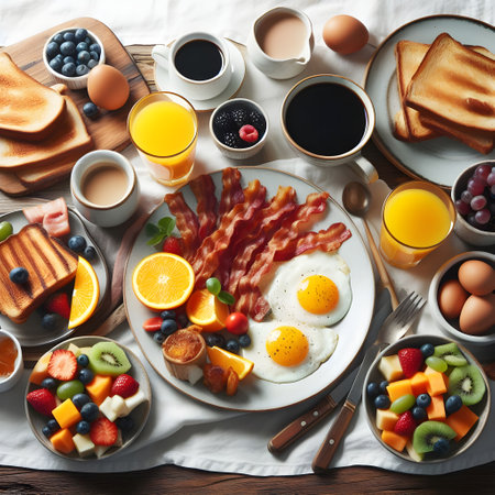 Breakfast with coffee, fruits and fried eggs on wooden table, top viewの素材