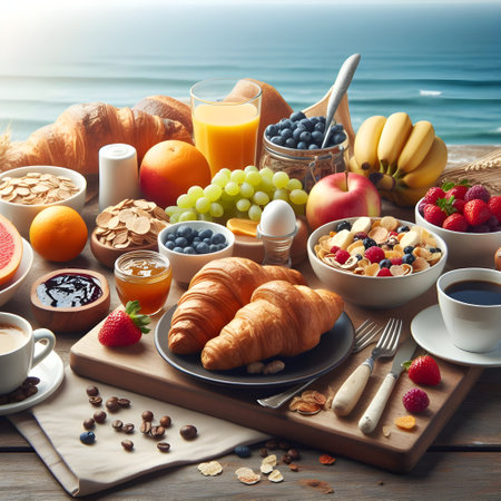 Breakfast with coffee, orange juice, croissants, fruits and berries on wooden tableの素材