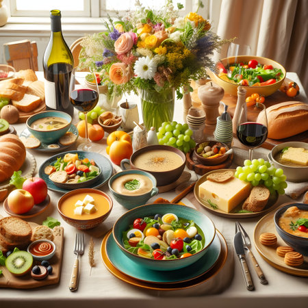 Healthy breakfast table with vegetables, fruit, cheese, bread and wineの素材