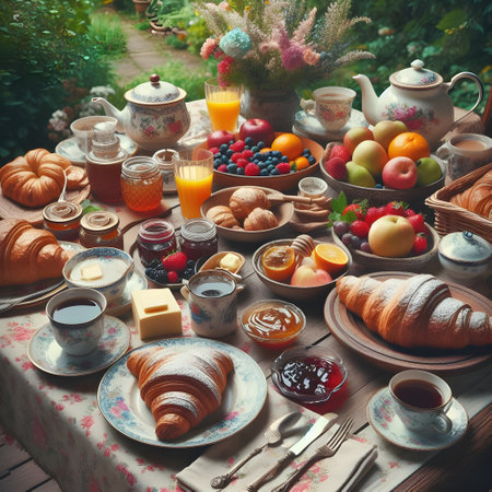 Breakfast with coffee, croissants, fruits, jam and juice in the gardenの素材