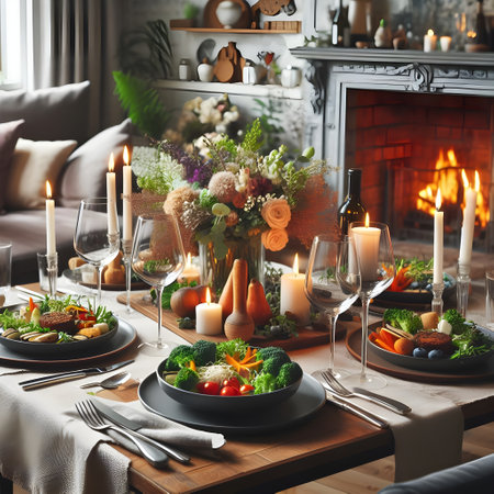 Beautiful table setting for Thanksgiving dinner in living room with burning candlesの素材