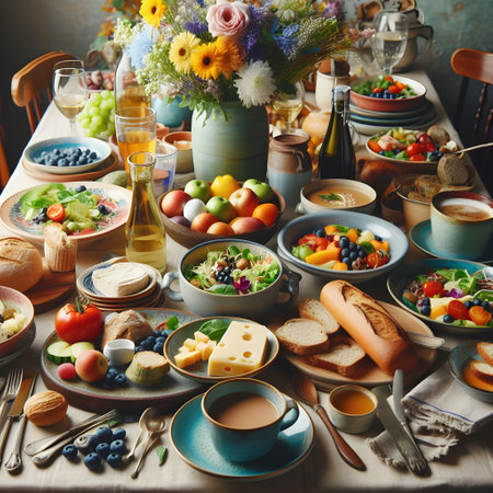 Breakfast table with fruits and berries, croissants and coffeeの素材