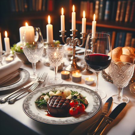 Luxury dinner table with beefsteak, vegetables and glass of red wineの素材
