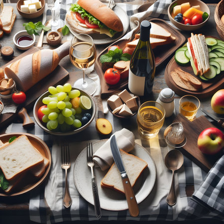 Picnic Table with Wine Glasses, Food and Beverage Conceptの素材