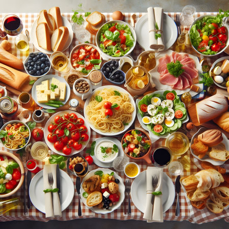 Top view of table full of food on italian tablecloth.の素材