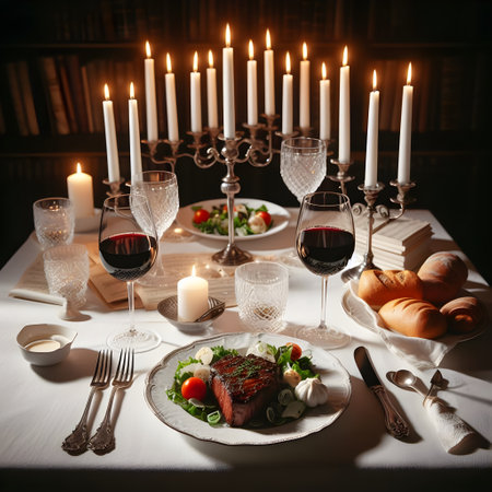 Romantic dinner table setting with wine glasses, candles, croissants and meatの素材