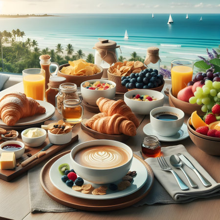 Breakfast with coffee, orange juice, croissants, cereals and fruit on the beachの素材