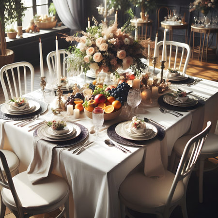 Beautiful table setting for wedding or another catered event dinner. Vintage toned imageの素材
