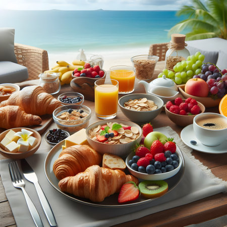 Breakfast on the beach with fresh fruits, croissants and coffeeの素材