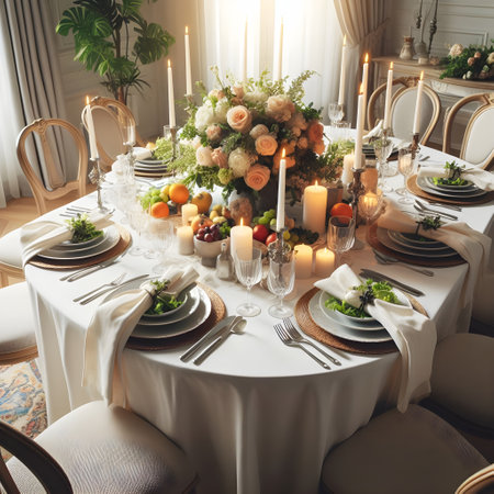Elegant table setting with flowers and candles, vintage style.の素材