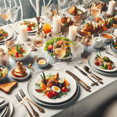 Elegant Easter table setting with cutlery, eggs and vegetablesの素材