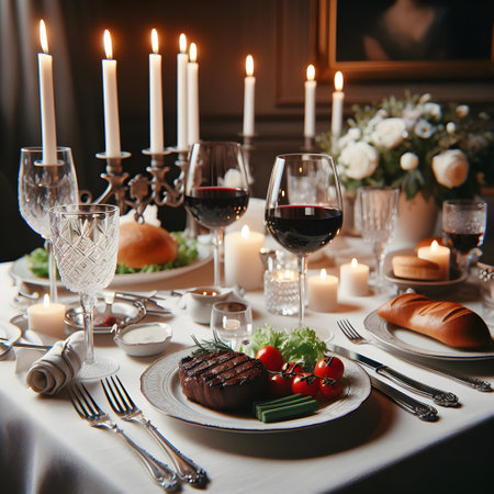 Elegant table setting with candles and glasses of red wine.の素材