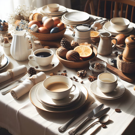 Easter table setting with eggs, cup of coffee and crockeryの素材
