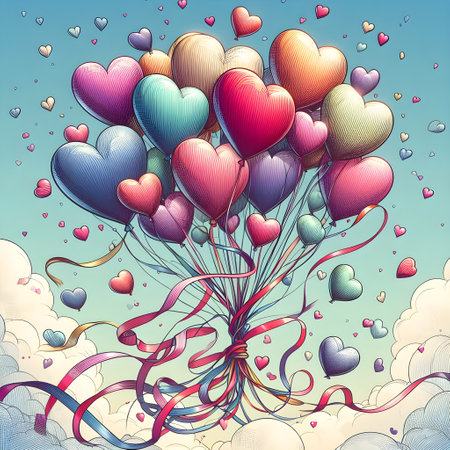 Colorful balloons in the sky with hearts and ribbons. Vector illustration.の素材