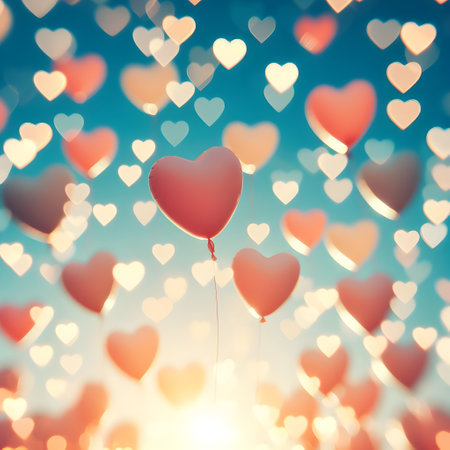 Valentine's day background with heart-shaped balloons and bokeh lightsの素材