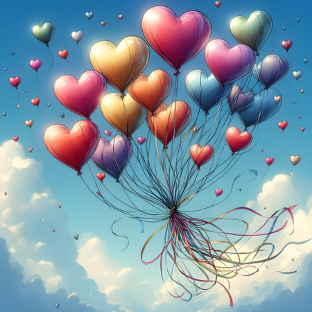 Colorful heart-shaped balloons in the blue sky. Vector illustration.の素材