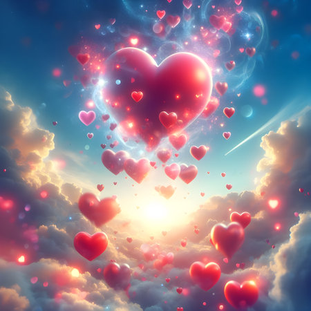 Red heart in the sky. Valentine's day background. 3D renderingの素材