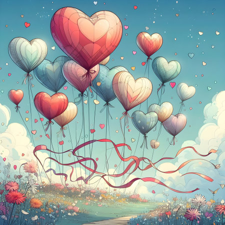 Romantic background with heart shaped balloons and ribbons. Vector illustration.の素材