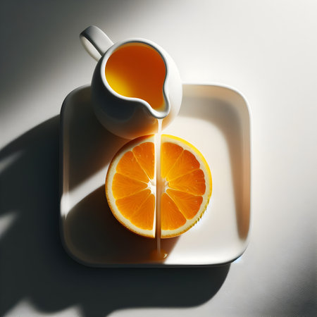 Cup of orange juice and slice of orange on a white plateの素材