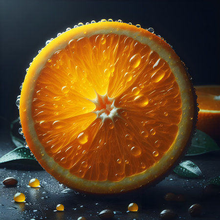 Sliced orange with water drops on black background, closeupの素材