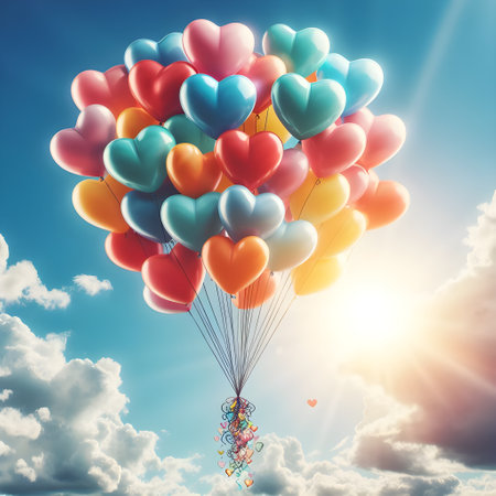 Colorful heart shaped balloons flying in the blue sky. 3D Renderingの素材