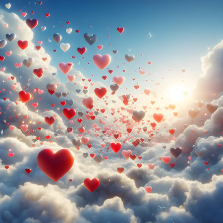 Hearts flying in the sky. Valentine's day background. 3D renderingの素材