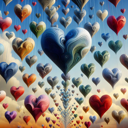 Colorful hearts flying in the sky. Valentine's day background.の素材