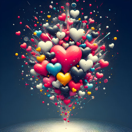 Colorful hearts flying in the air. 3d rendering toned imageの素材
