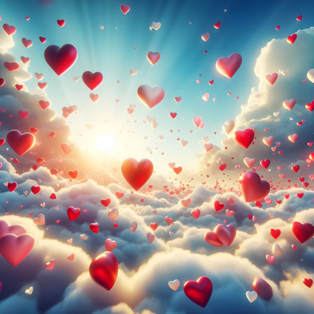 Valentine's day background with heart shaped clouds and sun raysの素材