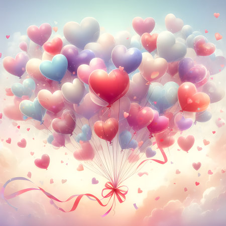 Valentine's day background with colorful heart balloons and ribbonsの素材