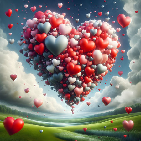 Valentine's day background with heart shaped balloons and green fieldの素材