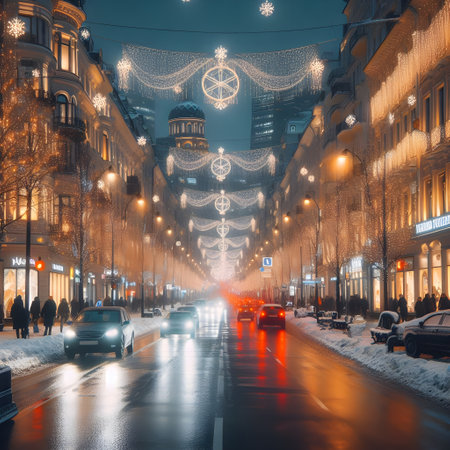 Christmas lights on the streets of St. Petersburg at night, Russia.の素材