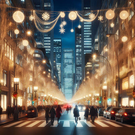 People walking on the street in New York City at Christmas time.の素材